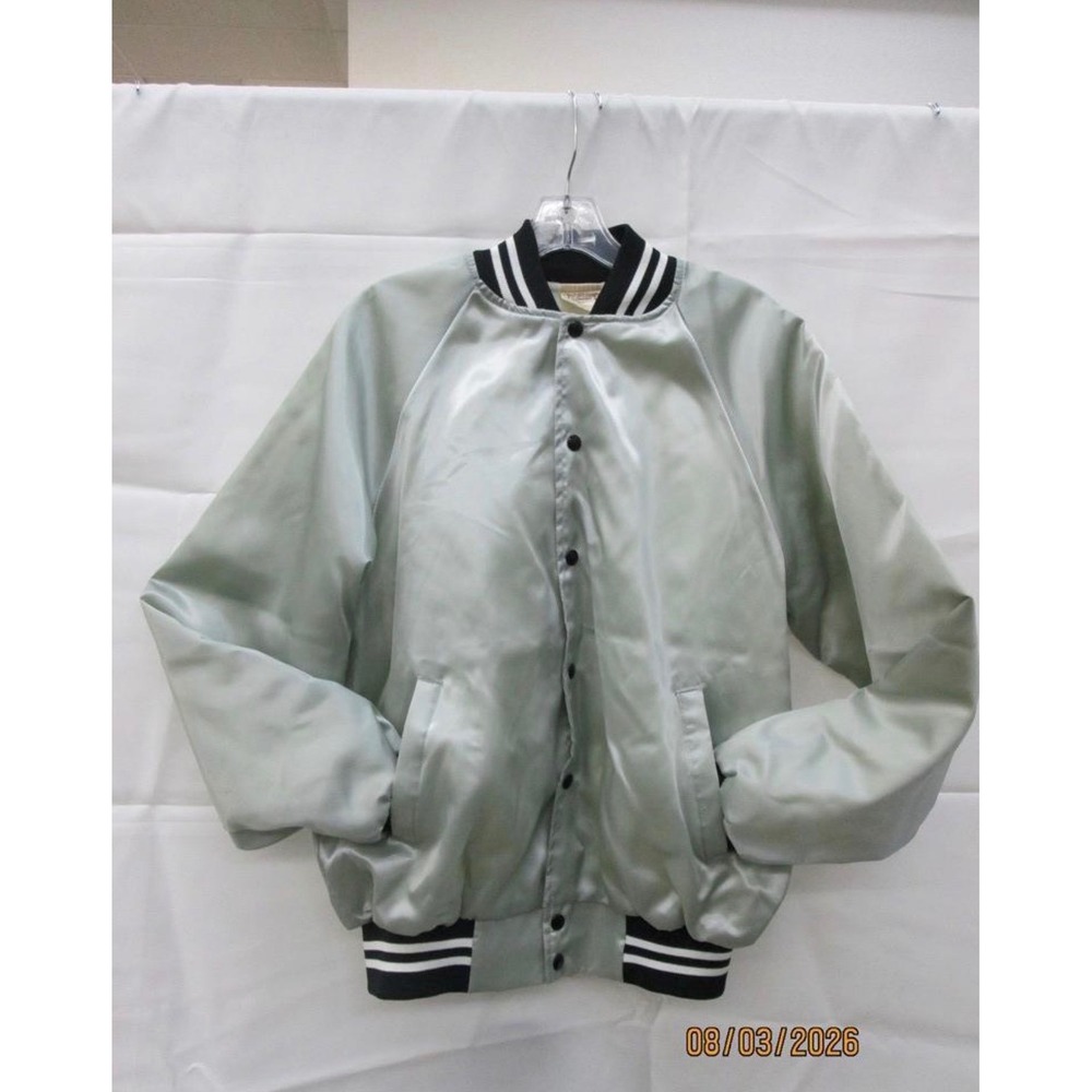 Auburn Sportswear Satin Varsity Jacket Silver Grey Bomber Snap Front Mens Large